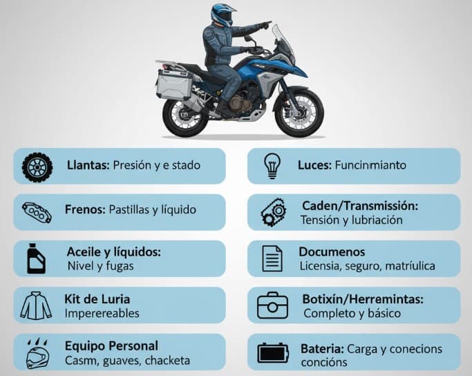 Checklist antes de salir de viaje en moto: todo lo que debes revisar