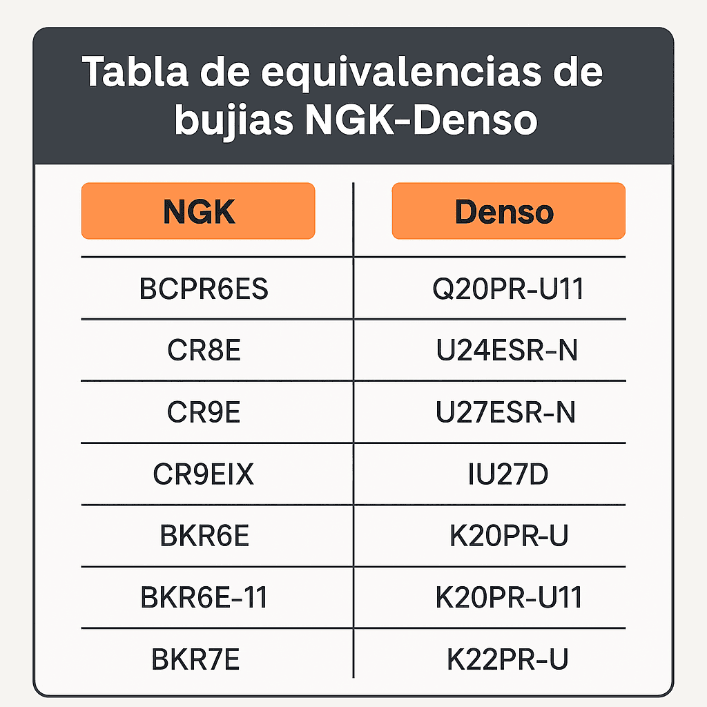 Tabla de equivalencias de bujías NGK-Denso